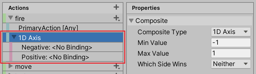 The 1D Axis Composite binding appears under the "fire" action on the Actions panel.
