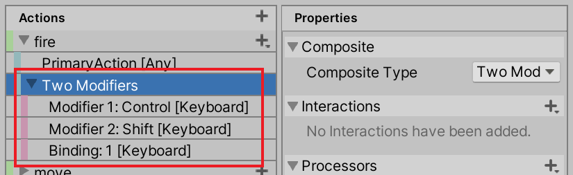 The Two Modifiers part bindings appear under the "fire" action on the Actions panel.